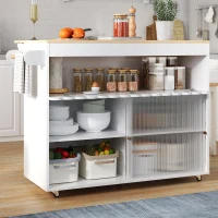 Chariot de cuisine pliable, avec portes coulissantes en verre trempé, étagères réglables et porte-serviettes, 122x46x91 cm, Blanc(m-4)