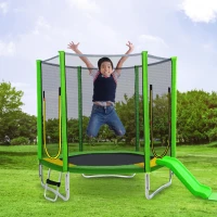 Trampoline pour enfants Ø 213 cm avec toboggan, échelle, filet, double porte et poteaux rembourrés, Vert(m-6)
