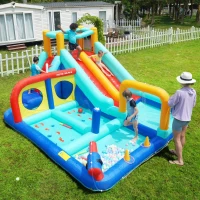 Castello d'Acqua Gonfiabile per Bambini con soffiatore, doppio scivolo, parete da arrampicata e pistola ad acqua, 365x450x217 cm, Blu(m-4)