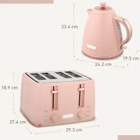 HOMCOM Kettle and Toaster Set, 1.7L 3000W Fast Boil Jug Kettle, 4 Slice Toaster with 7 Level Browning Controls, Light Pink(m-3)