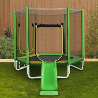 Trampoline pour enfants Ø 213 cm avec toboggan, échelle, filet, double porte et poteaux rembourrés, Vert(m-4)
