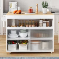 Chariot de cuisine pliable, avec portes coulissantes en verre trempé, étagères réglables et porte-serviettes, 122x46x91 cm, Blanc(m-1)