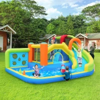 Chateau gonflable avec soufflerie, parc aquatique multifonctionnel et parc de trampolines pour enfants avec toboggan aquatique, panier de basket et mur d'escalade, 410x315x203 cm, Bleu(m-4)