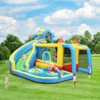 Castillo Hinchable Infantil 5 en 1 con Tobogán, Área de Salto, Piscina de Agua y Red de Fútbol, 364x315x239 cm, Azul(m-2)