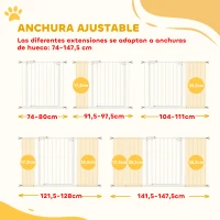 PawHut Barrera de Seguridad Extensible con Cierre Automático y Sistema de Doble Bloqueo Metal 74-147,5x76,2 cm Blanco(m-4)
