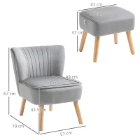 HOMCOM Velvet Accent Chair Occasional Tub Seat Padding Curved Back with Ottoman Wood Frame Legs Home Furniture Light Grey(m-3)
