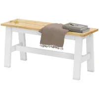 HOMCOM Banc pour 2 personnes, Banc en bois imitation chêne, barre transversale stabilisatrice, pour salon, salle à manger, couloir, bois d'hévéa, blanc(m-1)