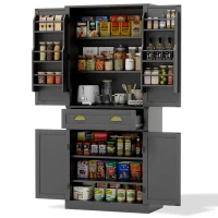 Armoire de rangement moderne, 4 portes et 1 tiroir, 6 compartiments de rangement et 4 étagères réglables, adaptée pour la cuisine, la salle à manger et le salon, 80x40x182 cm, Noir(m-11)