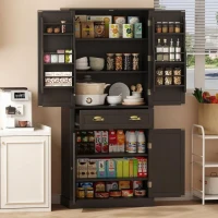 Armoire de rangement moderne, 4 portes et 1 tiroir, 6 compartiments de rangement et 4 étagères réglables, adaptée pour la cuisine, la salle à manger et le salon, 80x40x182 cm, Noir(m-8)