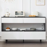 Buffet au design marbre noir avec espace de rangement ouvert, 4 tiroirs et éclairage LED, 150x35x89,5 cm, Blanc＋Noir(m-4)