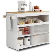 Chariot de cuisine pliable, avec portes coulissantes en verre trempé, étagères réglables et porte-serviettes, 122x46x91 cm, Blanc(m-8)