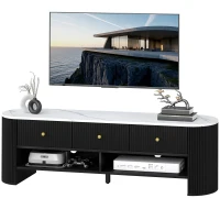 HOMCOM Meuble TV 140 cm, meuble télé pour téléviseur 65 pouces effet marbre avec 3 tiroirs façades à cannelures 2 étagères noir(m-1)