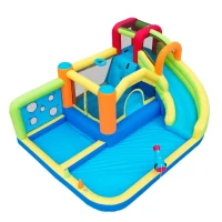 Chateau gonflable avec soufflerie, parc aquatique multifonctionnel et parc de trampolines pour enfants avec toboggan aquatique, panier de basket et mur d'escalade, 410x315x203 cm, Bleu(m-13)