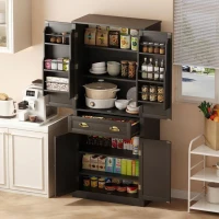 Armoire de rangement moderne, 4 portes et 1 tiroir, 6 compartiments de rangement et 4 étagères réglables, adaptée pour la cuisine, la salle à manger et le salon, 80x40x182 cm, Noir(m-7)