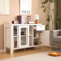 Buffet moderne avec plateau rabattable, surface pivotante, pieds en métal doré et portes coulissantes en verre, 116x40x78,5 cm, Blanc(m-5)