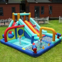 Castello d'Acqua Gonfiabile per Bambini con soffiatore, doppio scivolo, parete da arrampicata e pistola ad acqua, 365x450x217 cm, Blu(m-1)