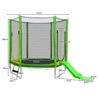 Trampoline pour enfants Ø 213 cm avec toboggan, échelle, filet, double porte et poteaux rembourrés, Vert(m-3)