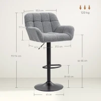 HOMCOM Taburetes de Bar 2 Piezas Diseño Retro Ajustable en Altura Tela con Aspecto de Terciopelo Gris + Negro(m-3)