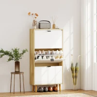 HOMCOM Scarpiera Stretta con 3 Porte in Bianco Lucido Ripiani Regolabili Gambe in Legno per 18 Paia di Scarpe, Bianco(m-2)