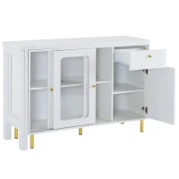 Buffet moderne avec plateau rabattable, surface pivotante, pieds en métal doré et portes coulissantes en verre, 116x40x78,5 cm, Blanc(m-9)