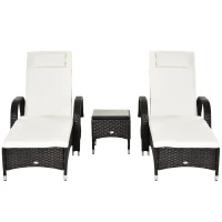Outsunny 3 Pieces Patio Lounge Chair Set, Garden Wicker Wheeling Recliner Outdoor Daybed, PE Rattan Lounge Chairs for Outside with Cushions & Side Coffee Table for Backyard, Poolside, Brown(m-9)