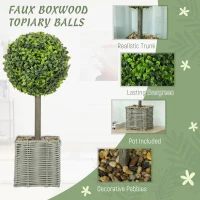 HOMCOM Set of 2 Decorative Artificial Plants, 50cm Faux Boxwood Topiary Balls with Woven Plastic Pot and Pebbles, Fake Plants for Home or Office Decor, Green(m-4)