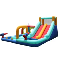 Castello d'Acqua Gonfiabile per Bambini con soffiatore, doppio scivolo, parete da arrampicata e pistola ad acqua, 365x450x217 cm, Blu(m-9)