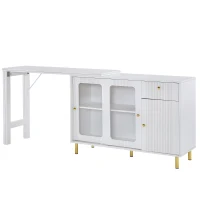 Buffet moderne avec plateau rabattable, surface pivotante, pieds en métal doré et portes coulissantes en verre, 116x40x78,5 cm, Blanc(m-11)