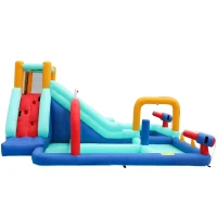 Castello d'Acqua Gonfiabile per Bambini con soffiatore, doppio scivolo, parete da arrampicata e pistola ad acqua, 365x450x217 cm, Blu(m-10)