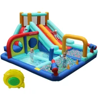 Castello d'Acqua Gonfiabile per Bambini con soffiatore, doppio scivolo, parete da arrampicata e pistola ad acqua, 365x450x217 cm, Blu(m-13)