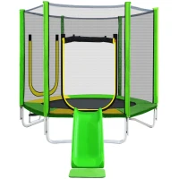 Trampoline pour enfants Ø 213 cm avec toboggan, échelle, filet, double porte et poteaux rembourrés, Vert(m-8)
