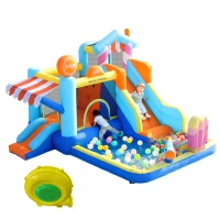 Castillo Hinchable para Niños con Tobogán Acuático y Trampolín, Parque Acuático Multifuncional con Fuente y Pistolas de Agua, 395x340x236 cm, Azul(m-9)