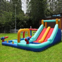 Castello d'Acqua Gonfiabile per Bambini con soffiatore, doppio scivolo, parete da arrampicata e pistola ad acqua, 365x450x217 cm, Blu(m-5)