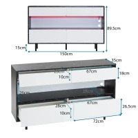 Buffet au design marbre noir avec espace de rangement ouvert, 4 tiroirs et éclairage LED, 150x35x89,5 cm, Blanc＋Noir(m-3)