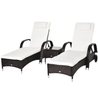 Outsunny 3 Pieces Patio Lounge Chair Set, Garden Wicker Wheeling Recliner Outdoor Daybed, PE Rattan Lounge Chairs for Outside with Cushions & Side Coffee Table for Backyard, Poolside, Brown(m-8)