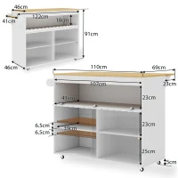 Chariot de cuisine pliable, avec portes coulissantes en verre trempé, étagères réglables et porte-serviettes, 122x46x91 cm, Blanc(m-3)