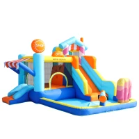 Castillo Hinchable para Niños con Tobogán Acuático y Trampolín, Parque Acuático Multifuncional con Fuente y Pistolas de Agua, 395x340x236 cm, Azul(m-10)