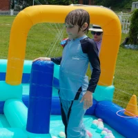 Castello d'Acqua Gonfiabile per Bambini con soffiatore, doppio scivolo, parete da arrampicata e pistola ad acqua, 365x450x217 cm, Blu(m-6)