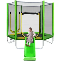 Trampoline pour enfants Ø 213 cm avec toboggan, échelle, filet, double porte et poteaux rembourrés, Vert(m-11)