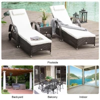 Outsunny 3 Pieces Patio Lounge Chair Set, Garden Wicker Wheeling Recliner Outdoor Daybed, PE Rattan Lounge Chairs for Outside with Cushions & Side Coffee Table for Backyard, Poolside, Brown(m-5)