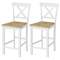 HOMCOM 2-delige Set Barstoelen met Rugleuning en Voetsteun, Rubberwood, voor Keuken, Eetkamer, Bar, Eiken + Wit(m-1)