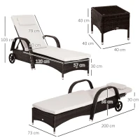 Outsunny 3 Pieces Patio Lounge Chair Set, Garden Wicker Wheeling Recliner Outdoor Daybed, PE Rattan Lounge Chairs for Outside with Cushions & Side Coffee Table for Backyard, Poolside, Brown(m-3)