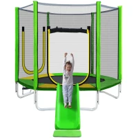 Trampoline pour enfants Ø 213 cm avec toboggan, échelle, filet, double porte et poteaux rembourrés, Vert(m-10)