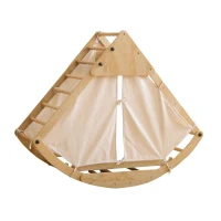 Structure d'escalade multifonctionnelle 8-en-1 en bois, Transformations de formes polyvalentes, avec toboggan, module d'escalade, bateau à bascule et tente, 140x58x142 cm, Couleur naturelle(m-2)