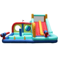 Castello d'Acqua Gonfiabile per Bambini con soffiatore, doppio scivolo, parete da arrampicata e pistola ad acqua, 365x450x217 cm, Blu(m-12)