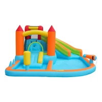 Château gonflable multifonctionnel avec toboggan aquatique, trampoline, panier de basket et pistolet à eau, pour utilisation sèche et humide, 460x343x190 cm, Orange(m-5)