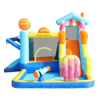 Castillo Hinchable para Niños con Tobogán Acuático y Trampolín, Parque Acuático Multifuncional con Fuente y Pistolas de Agua, 395x340x236 cm, Azul(m-8)