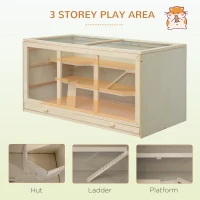 PawHut hamsterkooi, knaagdierenkooi, muizenkooi met trappetjes, drie verdiepingen massief hout PVC naturel(m-4)