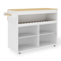 Chariot de cuisine pliable, avec portes coulissantes en verre trempé, étagères réglables et porte-serviettes, 122x46x91 cm, Blanc(m-2)