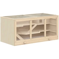 PawHut hamsterkooi, knaagdierenkooi, muizenkooi met trappetjes, drie verdiepingen massief hout PVC naturel(m-1)